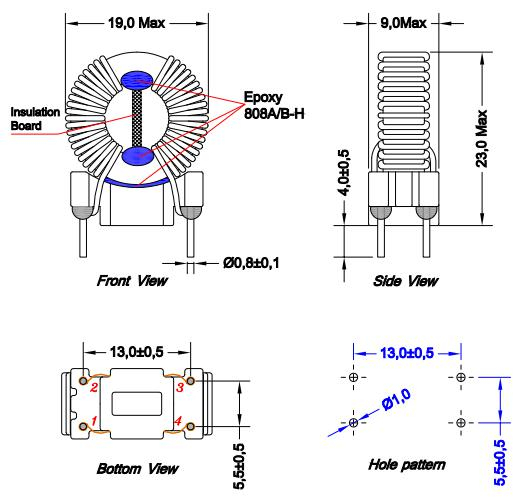 공통 모드 초크 2x3.5mh 등급 : 2.5A, 최대 SRF : 1 KHZ → 300 MHZ