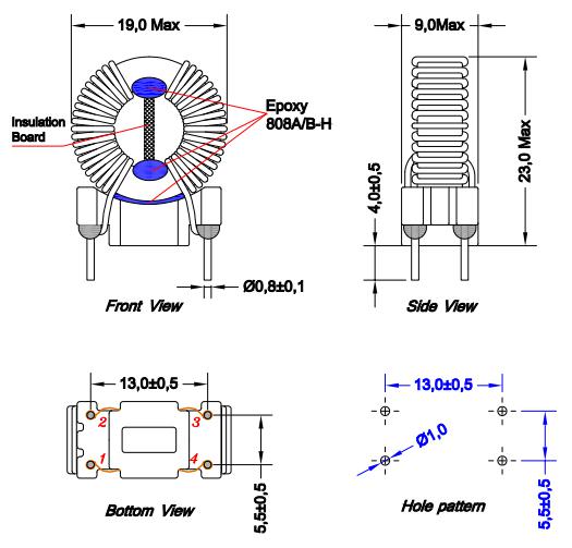 공통 모드 초크 2x3.5mh 등급 : 2.5A, 최대 SRF : 1 KHZ → 300 MHZ